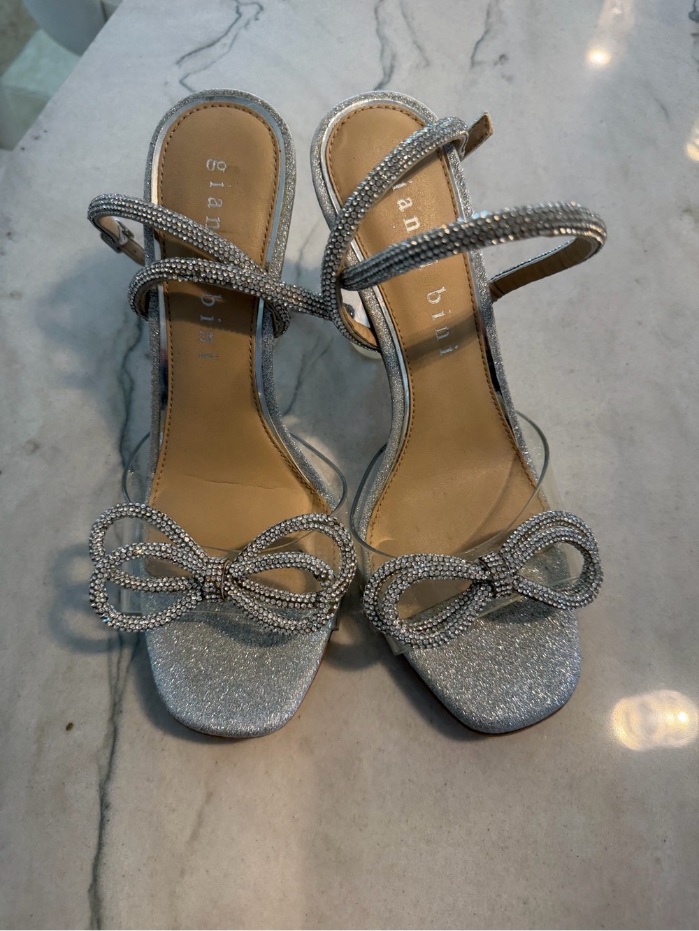 Gianni Bini Silver Rhinestone Bow Strappy Heels Size 9